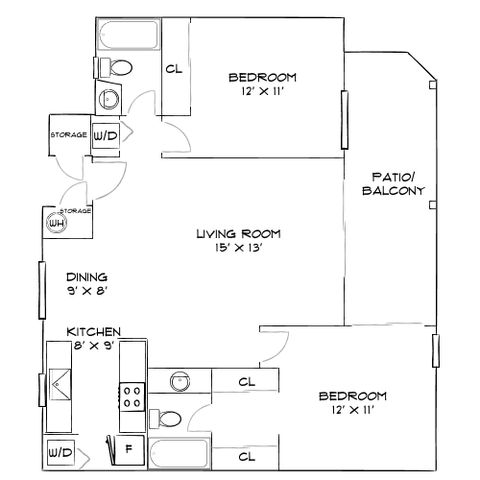 Modern floor plan featuring 2 spacious bedrooms, a large living room, functional kitchen, dining area, and a private patio/balcony.