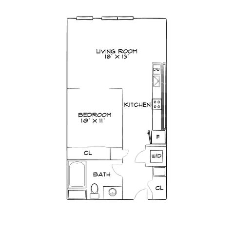 Contemporary floor plan showcasing a one-bedroom layout with a spacious living room, kitchen, and convenient bathroom setup.