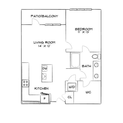 Charming 1-bedroom apartment floor plan with a balcony, modern kitchen, and spacious living room.
