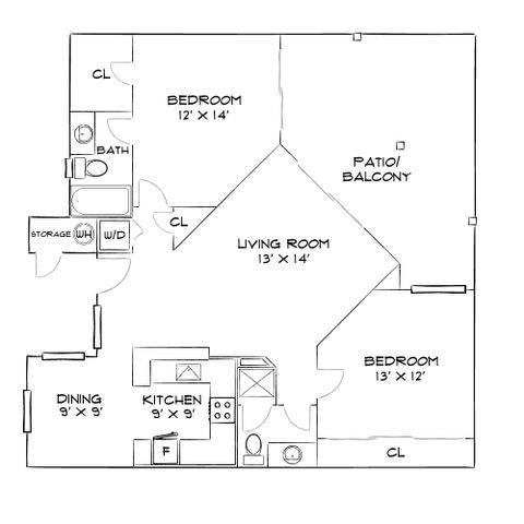 Inviting floor plan featuring 2 spacious bedrooms, a generous living room opening to a patio balcony, and a cozy kitchen with adjacent dining area.