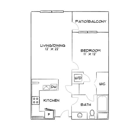 Charming floor plan featuring a 1-bedroom layout with a spacious living/dining area, modern kitchen, and inviting patio/balcony.