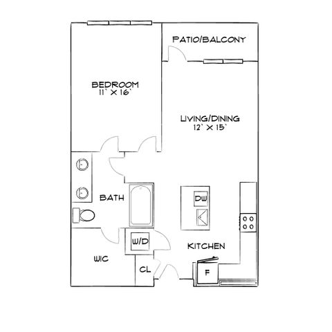 Inviting floor plan showcasing a spacious 1-bedroom, 1-bathroom apartment with an open living/dining area, modern kitchen, and relaxing patio/balcony.