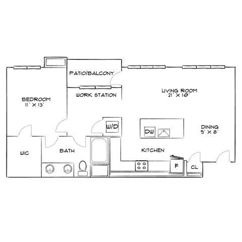 Modern 2D floor plan featuring 1 bedroom, work station, and open living room with dining area, plus a patio/balcony for outdoor enjoyment.