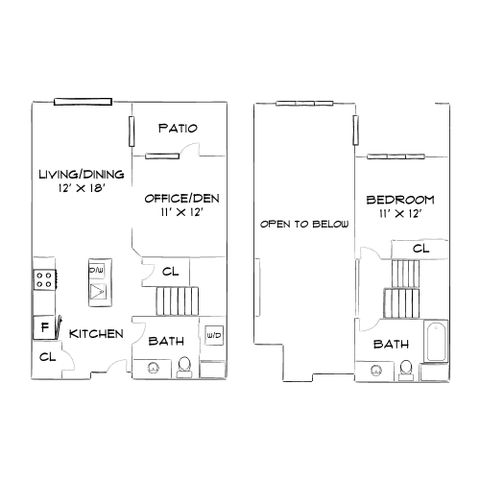 Modern two-level floor plan featuring a spacious living/dining area, kitchen, patio, office/den, and a bedroom with an open view to below, complemented by two bathrooms.