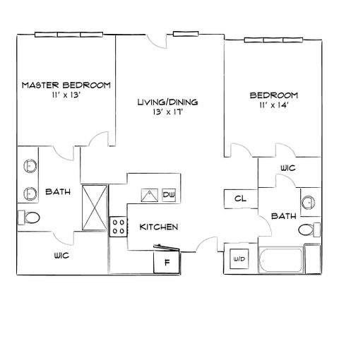 Elegant floor plan showcasing a spacious 2-bedroom layout with dual bathrooms, open living/dining area, and modern kitchen.