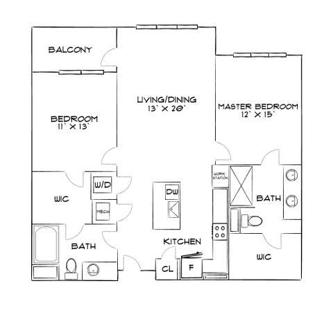 Modern 2-bedroom floor plan featuring a spacious living and dining area, a sleek kitchen with work station, and two bathrooms, complete with private balcony and walk-in closets.