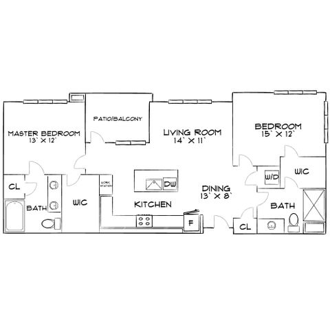 Elegant floor plan showcasing a master bedroom with en-suite bath, second bedroom, spacious living room, and kitchen with dining area. Includes patio/balcony for outdoor enjoyment.