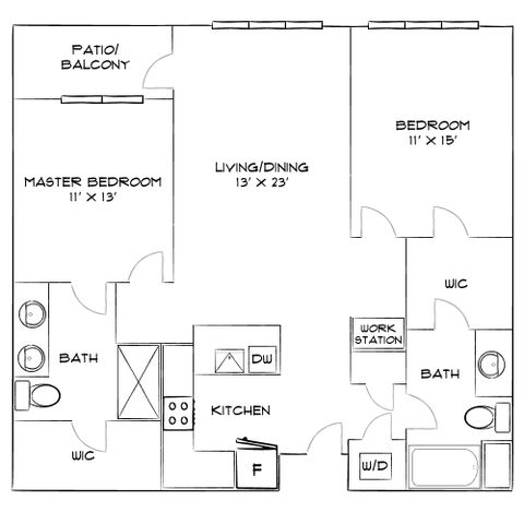 Modern floor plan showcasing 2 bedrooms, open living/dining area, well-equipped kitchen, and two bathrooms, complete with a patio and work station.