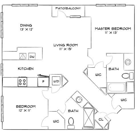 Modern floor plan featuring 2 bedrooms, open kitchen, dining area, spacious living room, and patio access. Includes two bathrooms with walk-in closets, maximizing comfort and functionality.