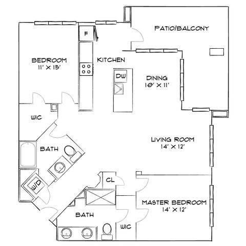 Inviting floor plan featuring a spacious master bedroom with en-suite bath, additional bedroom, modern kitchen, dining area, and cozy living room opening to a patio/balcony.
