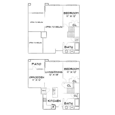 Charming two-level floor plan showcasing 2 bedrooms, a living/dining area, and a versatile office/den with patio access.