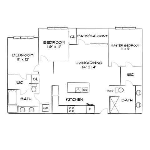 Inviting floor plan showcasing 3 bedrooms, open living/dining area, and modern kitchen with patio access.