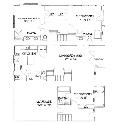 Elegant multi-level floor plan with 3 bedrooms, spacious living/dining area, modern kitchen, and attached garage.