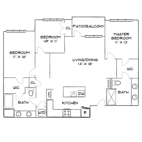 Modern floor plan featuring 3 bedrooms, a spacious living/dining area, a well-equipped kitchen, and a patio/balcony for outdoor relaxation.