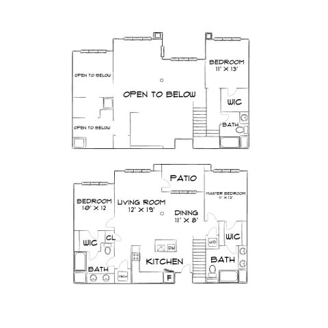 Elegant two-story floor plan showcasing three bedrooms, open living space, modern kitchen, and spacious patio.