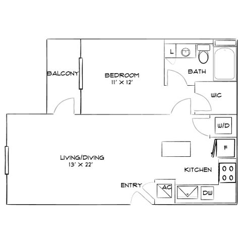 Chic floor plan showcasing a 1-bedroom apartment with a spacious living and dining area, kitchen, bath, and private balcony.