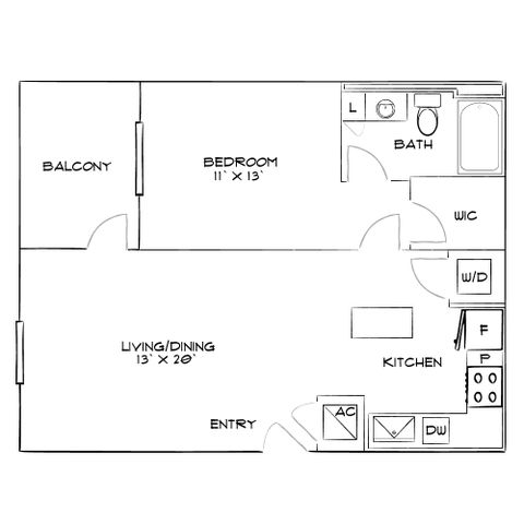 Modern apartment floor plan featuring 1 bedroom, a spacious living/dining area, kitchen with appliances, and a relaxing balcony.