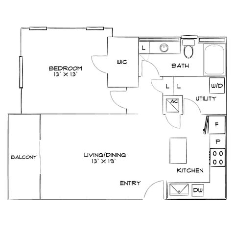 Contemporary floor plan showcasing a spacious 1-bedroom apartment with a versatile living/dining area, modern kitchen, utility space, and balcony.