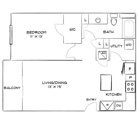 Inviting floor plan featuring one bedroom, spacious living/dining area, well-appointed kitchen, and a private balcony.