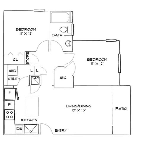 Modern floor plan showcasing two spacious bedrooms, open living and dining area, equipped kitchen, and inviting patio.