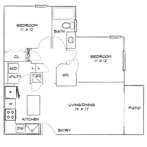 Chic floor plan showcasing 2 bedrooms, modern kitchen, open-concept living/dining area, and inviting patio.
