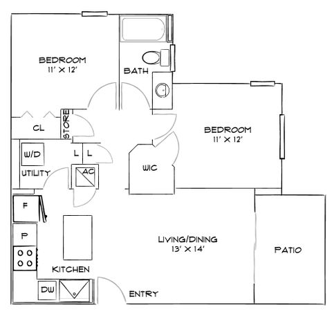 Modern floor plan showcasing 2 spacious bedrooms, open living and dining area, stylish kitchen, and inviting patio.
