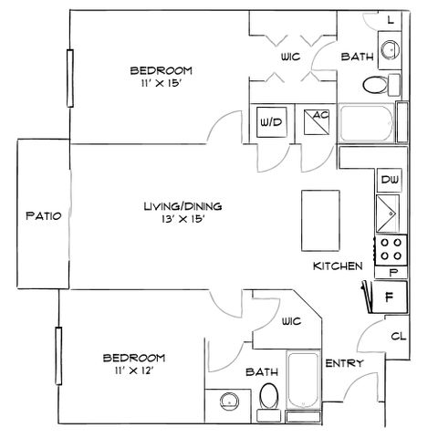 Modern 2D floor plan featuring two bedrooms, spacious living/dining area, and a convenient kitchen layout with patio access.