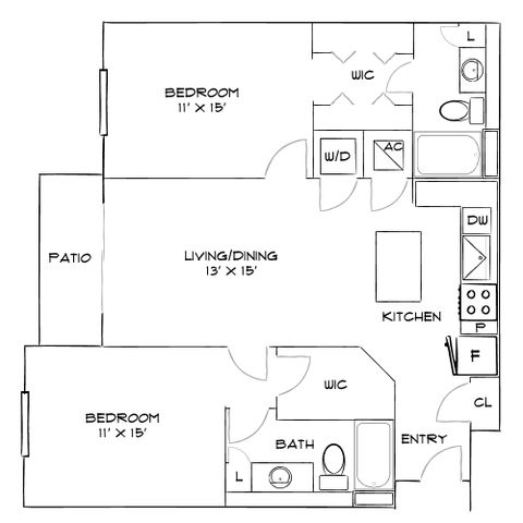 Modern floor plan showcasing 2 spacious bedrooms, open-concept living and dining area, kitchen with appliances, and a cozy patio.