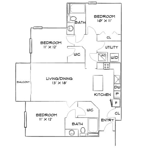 Inviting floor plan showcasing three bedrooms, expansive living and dining area, modern kitchen, two baths, and a private balcony.