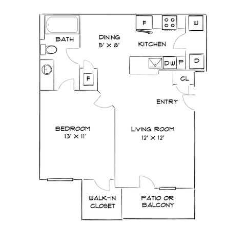 Modern floor plan with one bedroom, walk-in closet, bath, kitchen, dining area, and living room opening to a patio or balcony.
