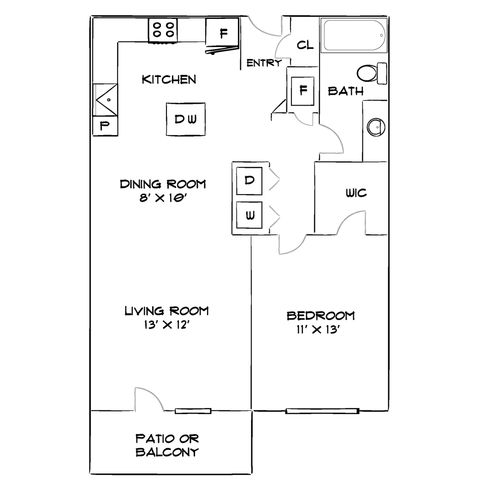 Elegant floor plan featuring a spacious bedroom with walk-in closet, open-concept living and dining area, modern kitchen, and private patio or balcony.
