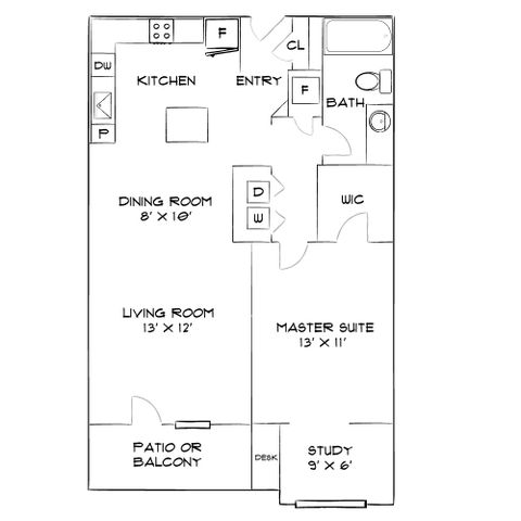 Chic floor plan illustrating a master suite, open-concept living and dining area, and a kitchen with patio or balcony access.