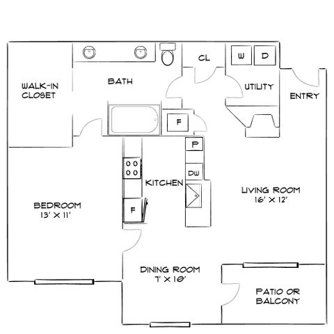 Modern floor plan featuring a spacious bedroom, walk-in closet, open kitchen, utility room, and welcoming living area with access to a patio or balcony.