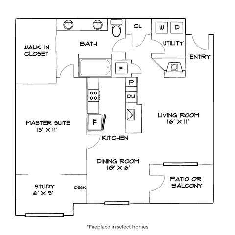 Charming apartment floor plan featuring a master suite, a study, open kitchen, and spacious living room with a patio or balcony.