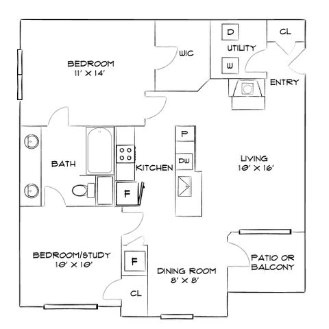 Modern floor plan showcasing 2 bedrooms, cozy living area, functional kitchen, and a relaxing outdoor patio or balcony.