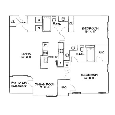 Spacious floor plan featuring 2 bedrooms, 2 baths, open living area with patio or balcony, and a modern kitchen with dining space.