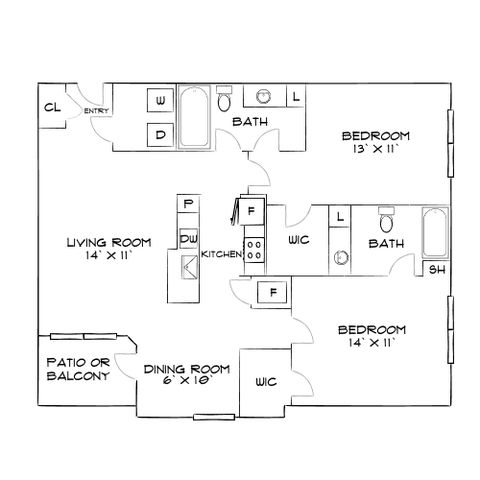 Elegant apartment floor plan showcasing 2 bedrooms, modern kitchen, spacious living room, dining area, and private patio or balcony.