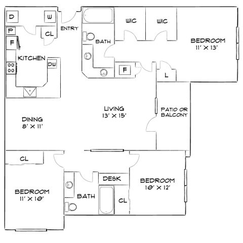 Modern floor plan showcasing 3 bedrooms, open living and dining area, sleek kitchen, and a private patio.