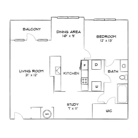 Chic floor plan showcasing a spacious living room, dining area, balcony, kitchen, bedroom, study, and a bath with a walk-in closet.
