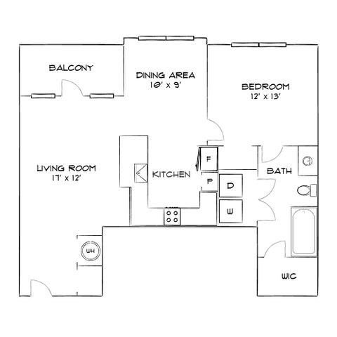 Modern apartment floor plan with spacious living room, private balcony, elegant dining area, and cozy bedroom featuring walk-in closet and convenient bath.