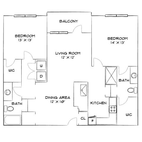 Modern floor plan showcasing 2 spacious bedrooms, open living room, stylish kitchen, dining area, and a welcoming balcony.