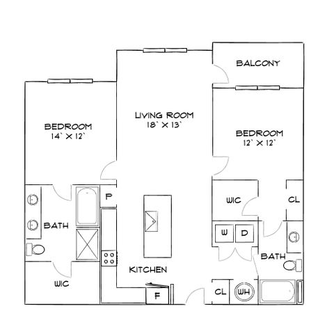 Contemporary floor plan showcasing 2 bedrooms, spacious living room, modern kitchen, and balcony access, complete with walk-in closets and two bathrooms.