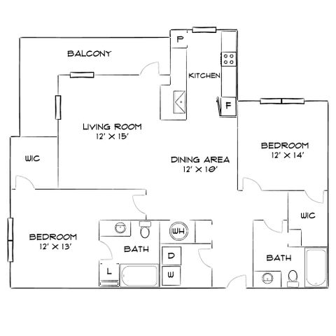 Elegant floor plan illustrating a spacious living room with balcony access, two bedrooms with walk-in closets, modern kitchen, and two stylish bathrooms.