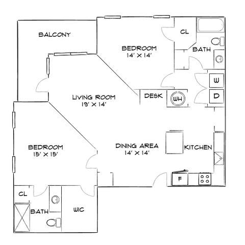 Spacious floor plan featuring 2 bedrooms, 2 baths, a modern kitchen, dining area, open living room, and balcony.