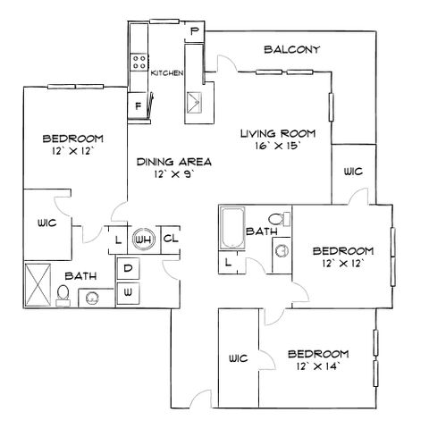 Inviting floor plan featuring 3 spacious bedrooms, an expansive living room, elegant dining area, and a modern kitchen with balcony access.