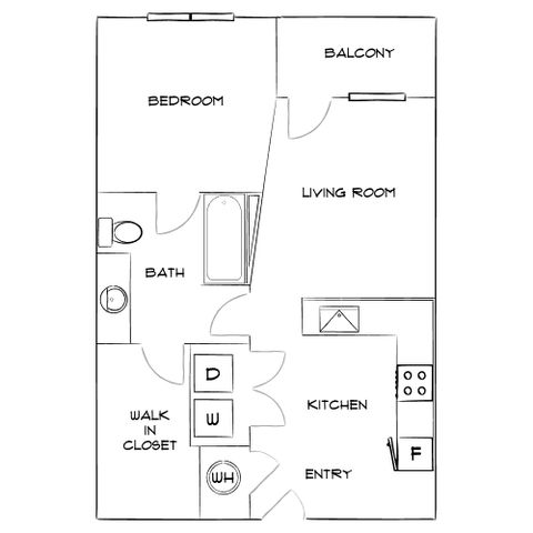 Modern floor plan showcasing a seamless flow with one bedroom, spacious living room, and kitchen leading to a charming balcony.