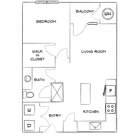 Chic floor plan featuring a spacious bedroom with walk-in closet, open living room with balcony, modern kitchen, and bath.