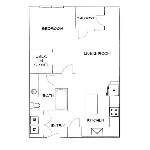 Inviting floor plan showcasing one bedroom, a spacious living room with balcony access, modern kitchen, and a luxurious bath.