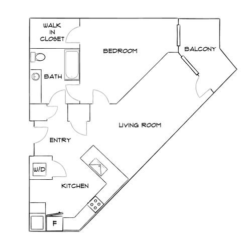 Contemporary floor plan showcasing a spacious one-bedroom apartment with a walk-in closet, modern kitchen, and private balcony.