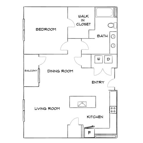 Chic floor plan with a spacious bedroom, walk-in closet, and open kitchen-living area leading to a balcony.